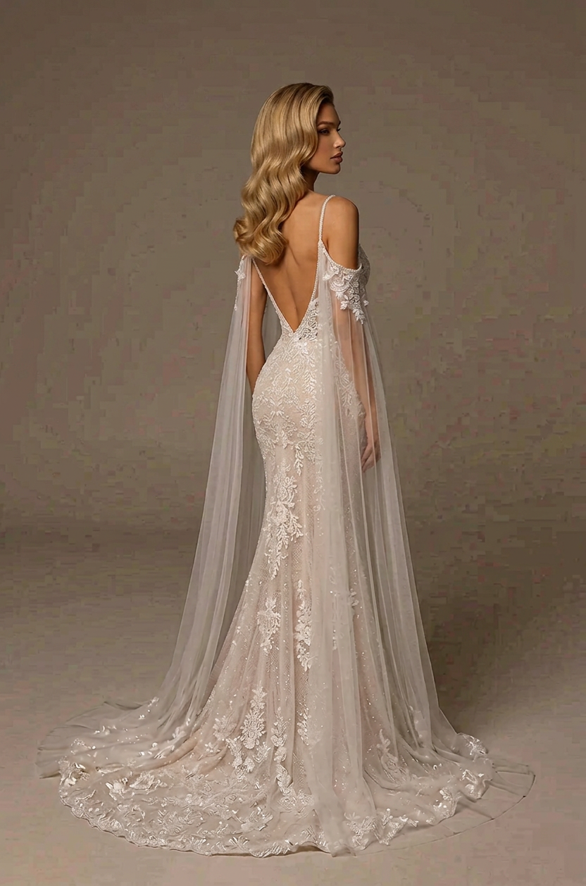 Elegant Off-the-Shoulder White Lace Trumpet Wedding Dresses with Corset and Cape Sleeves