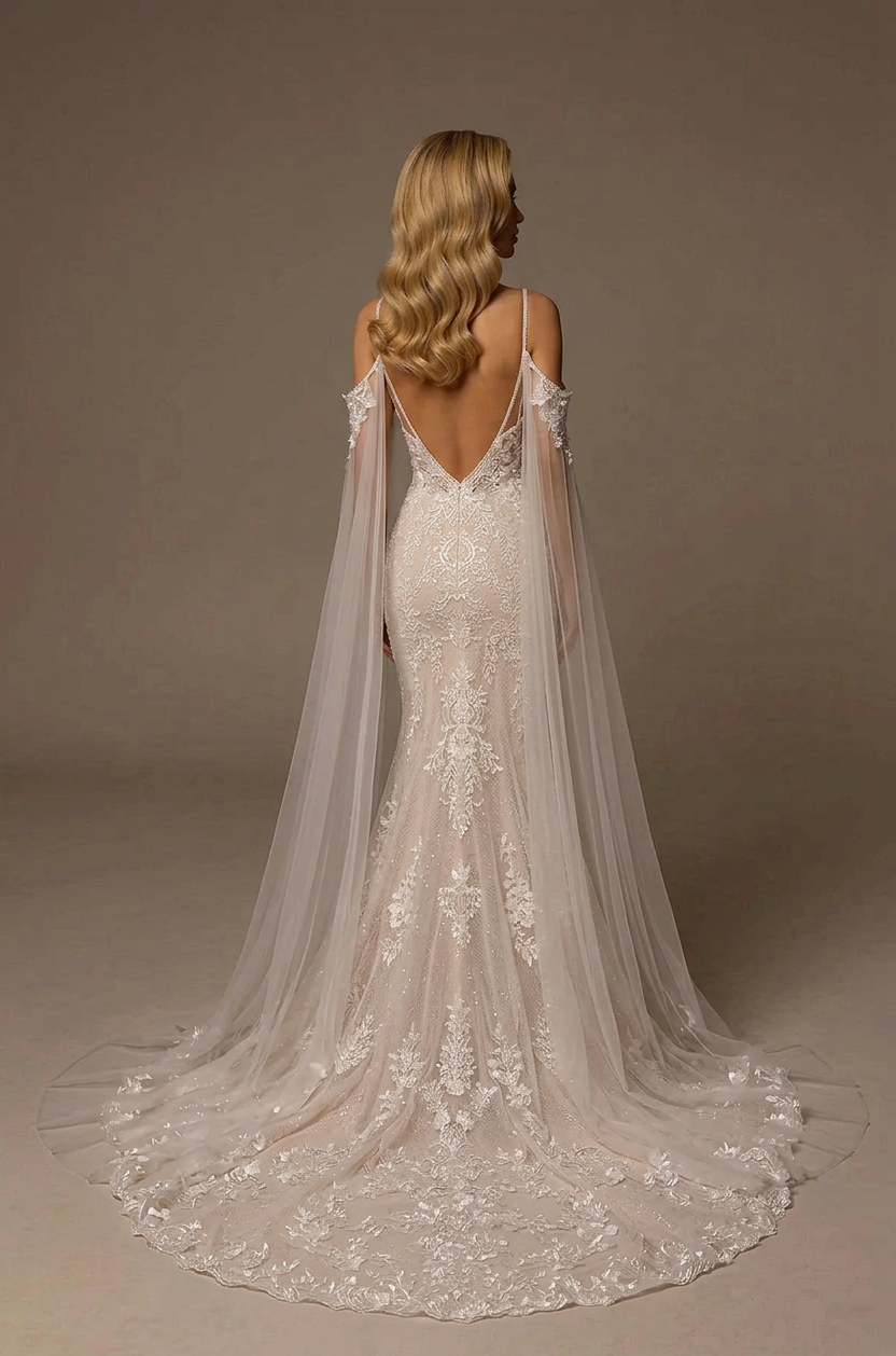 Elegant Off-the-Shoulder White Lace Trumpet Wedding Dresses with Corset and Cape Sleeves