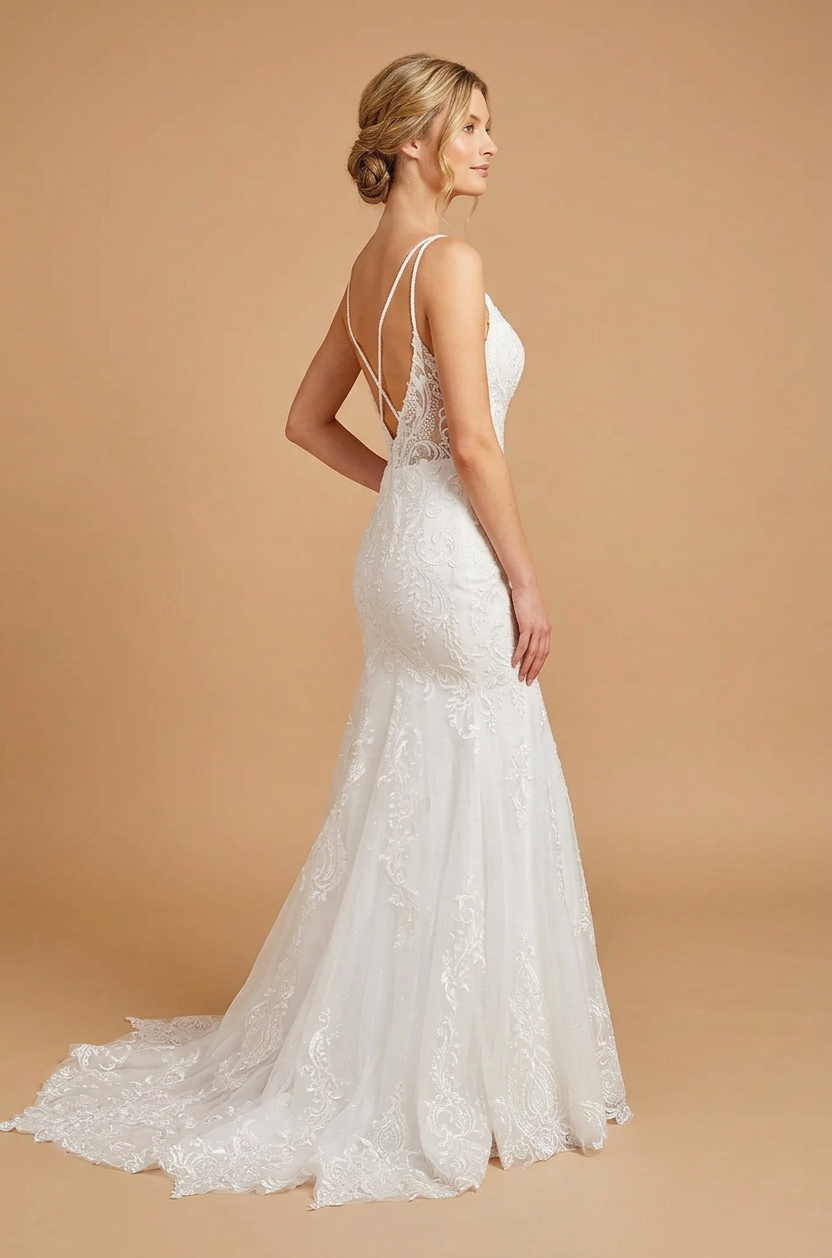 Elegant Spaghetti Strap White Lace Trumpet Wedding Dresses with Corset and Sweep Train