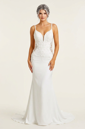 Elegant Spaghetti Strap White Lace Trumpet Wedding Dresses with Corset and Sweep Train