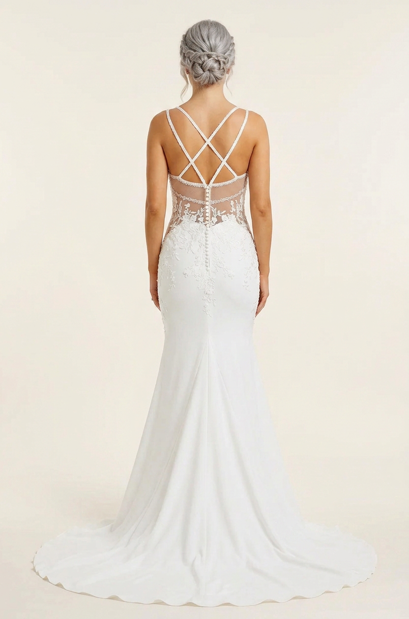 Elegant Spaghetti Strap White Lace Trumpet Wedding Dresses with Corset and Sweep Train