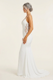 Elegant Spaghetti Strap White Lace Trumpet Wedding Dresses with Corset and Sweep Train
