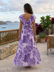 Lavender Floral Chiffon V Neck Short Ruffle Sleeve A-Line Floor-length Gown Dress