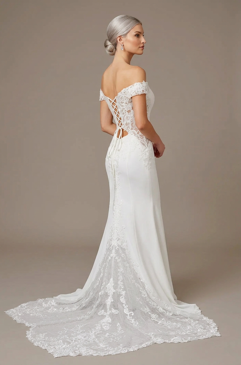 Elegant Off-the-Shoulder White Lace Trumpet Wedding Dresses with Corset and Sweep Train