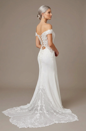 Elegant Off-the-Shoulder White Lace Trumpet Wedding Dresses with Corset and Sweep Train