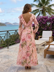 Pink Floral Chiffon V Neck Long Sleeve A-Line Floor-length Gown Dress