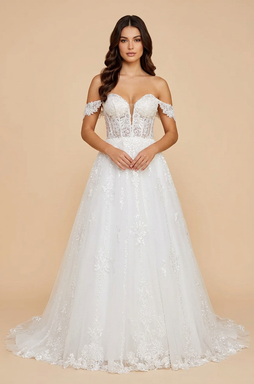 Elegant Off-the-Shoulder White Lace A-Line Wedding Dresses with Corset and Sweep Train