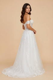 Elegant Off-the-Shoulder White Lace A-Line Wedding Dresses with Corset and Sweep Train