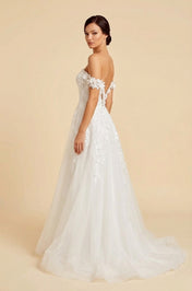 Elegant Off-the-Shoulder White Lace A-Line Wedding Dresses with Corset and Sweep Train