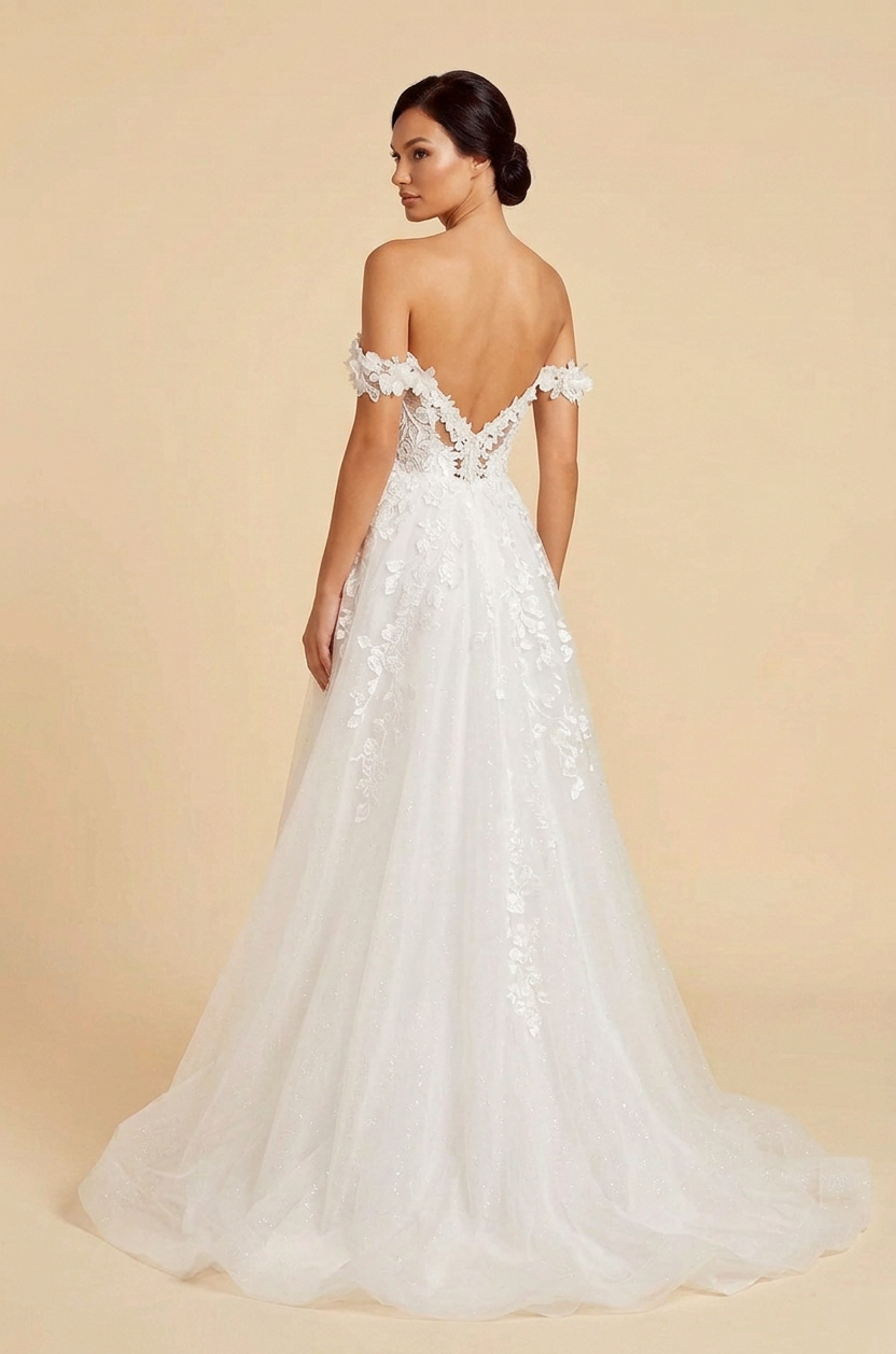 Elegant Off-the-Shoulder White Lace A-Line Wedding Dresses with Corset and Sweep Train