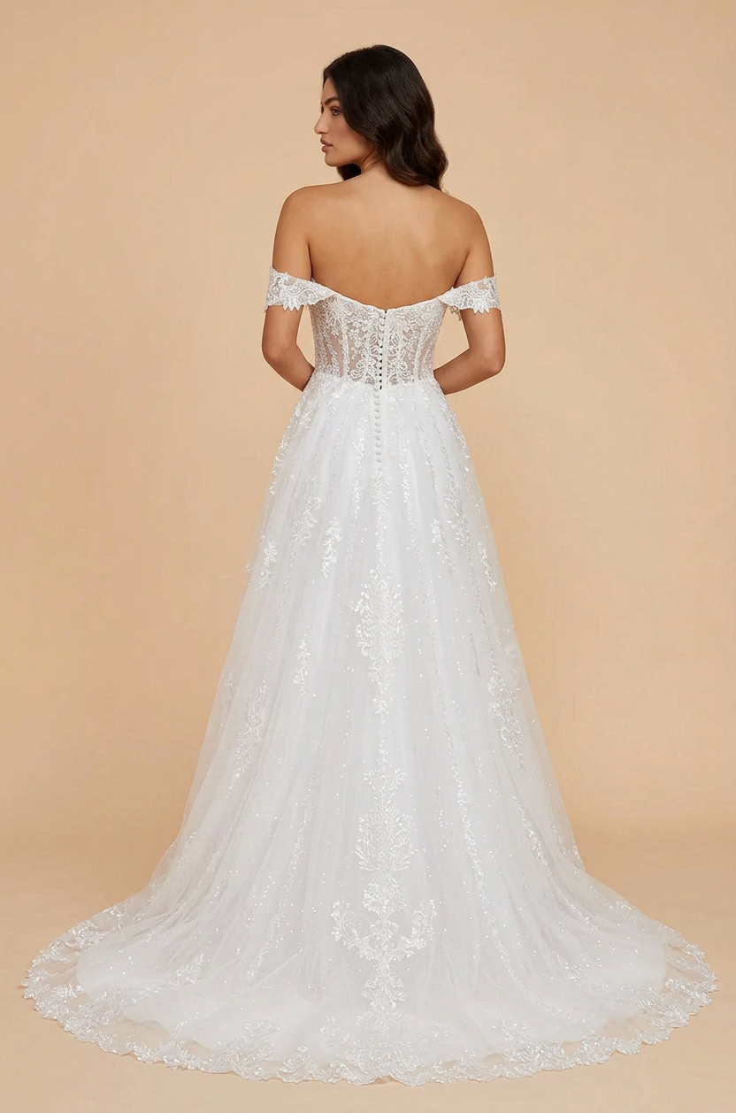 Elegant Off-the-Shoulder White Lace A-Line Wedding Dresses with Corset and Sweep Train