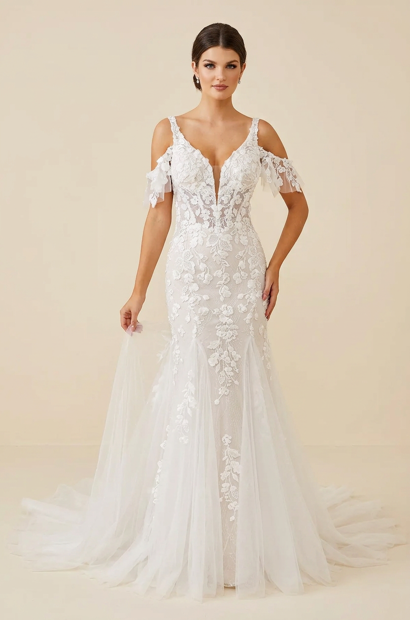 Elegant Off-the-Shoulder White Lace Trumpet Wedding Dresses with Cold-Shoulder Sleeves and Sweep Train