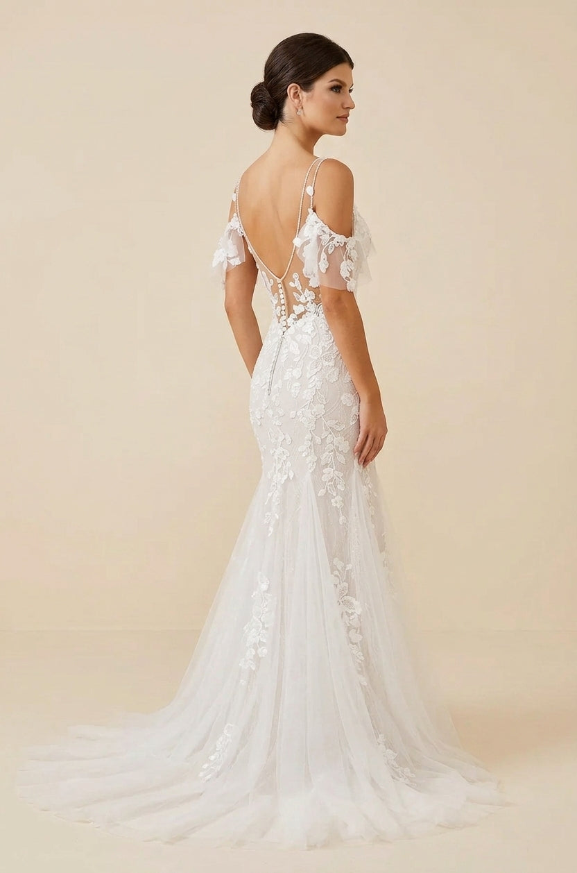 Elegant Off-the-Shoulder White Lace Trumpet Wedding Dresses with Cold-Shoulder Sleeves and Sweep Train