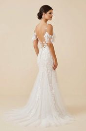 Elegant Off-the-Shoulder White Lace Trumpet Wedding Dresses with Cold-Shoulder Sleeves and Sweep Train