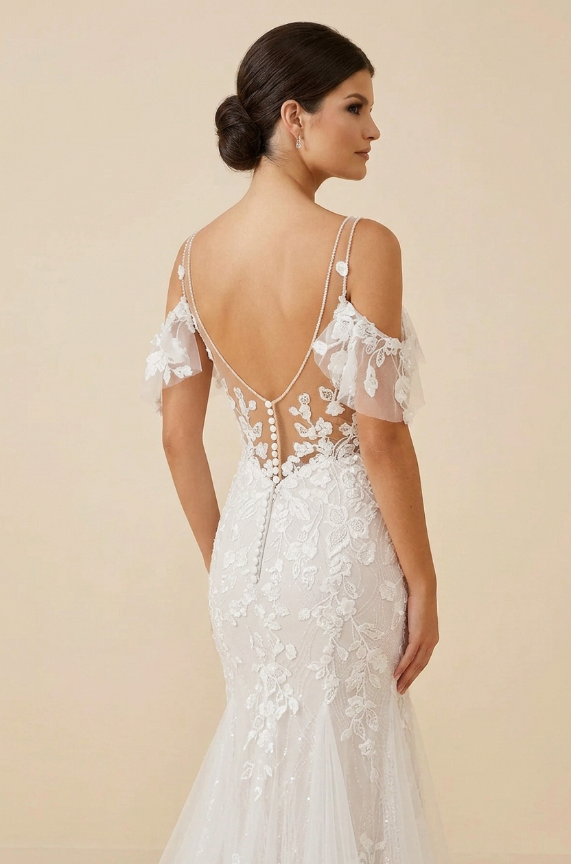 Elegant Off-the-Shoulder White Lace Trumpet Wedding Dresses with Cold-Shoulder Sleeves and Sweep Train
