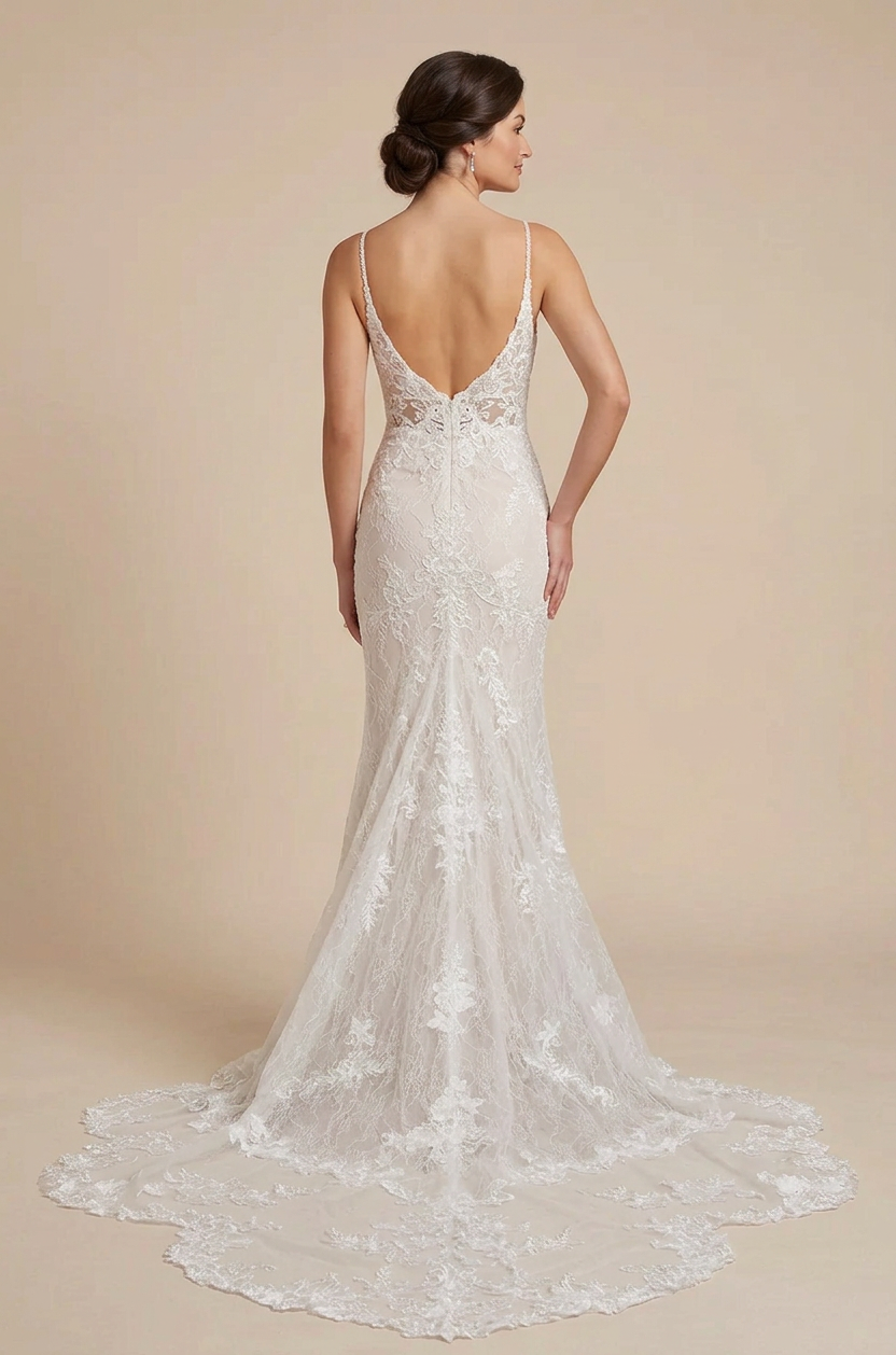 Elegant Spaghetti Strap White Lace Trumpet Wedding Dresses with V-Neck and Chapel Train