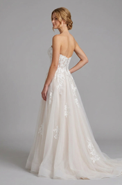 Elegant Strapless White Lace A-Line Wedding Dresses with Corset and Sweep Train