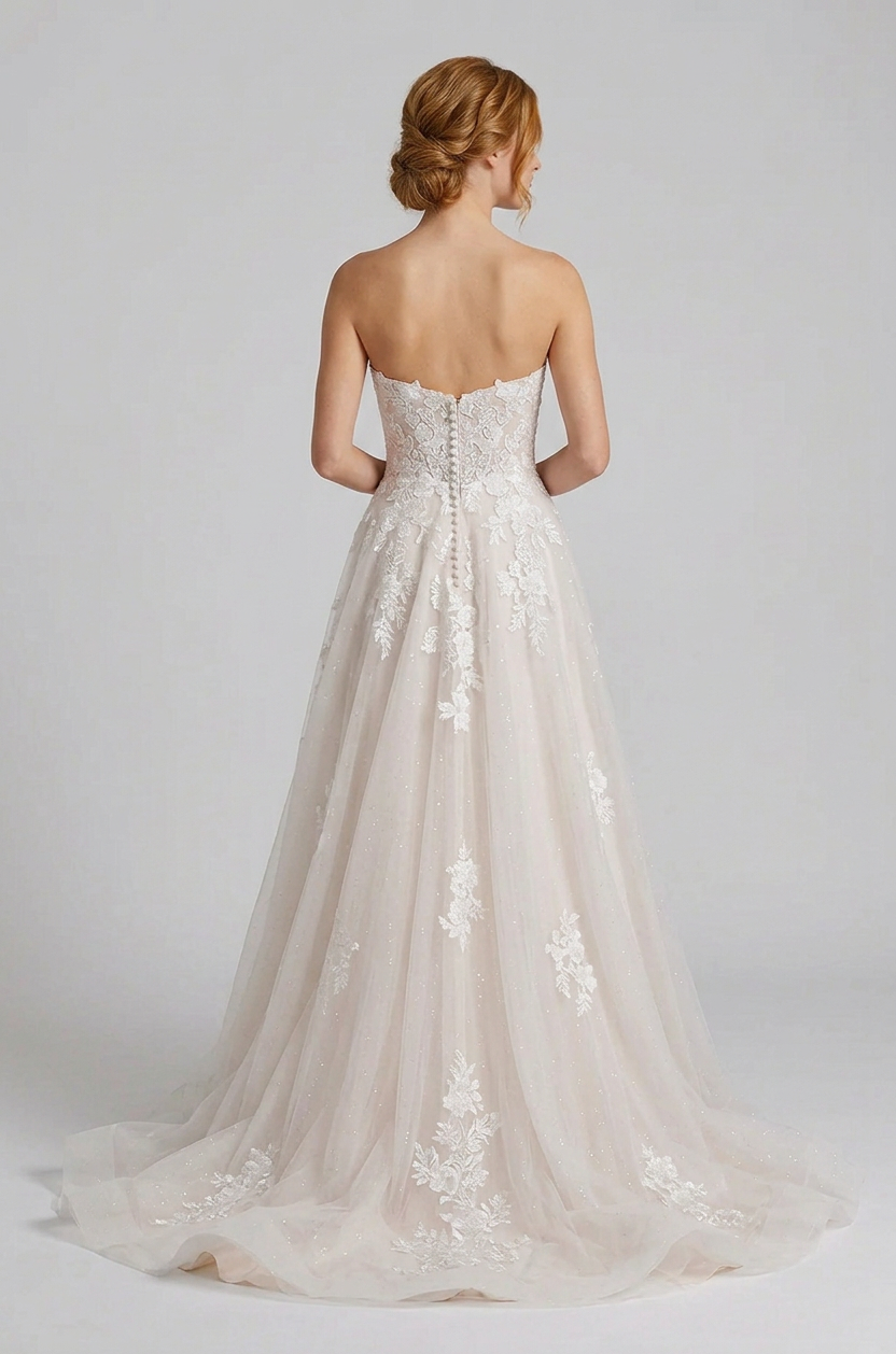 Elegant Strapless White Lace A-Line Wedding Dresses with Corset and Sweep Train