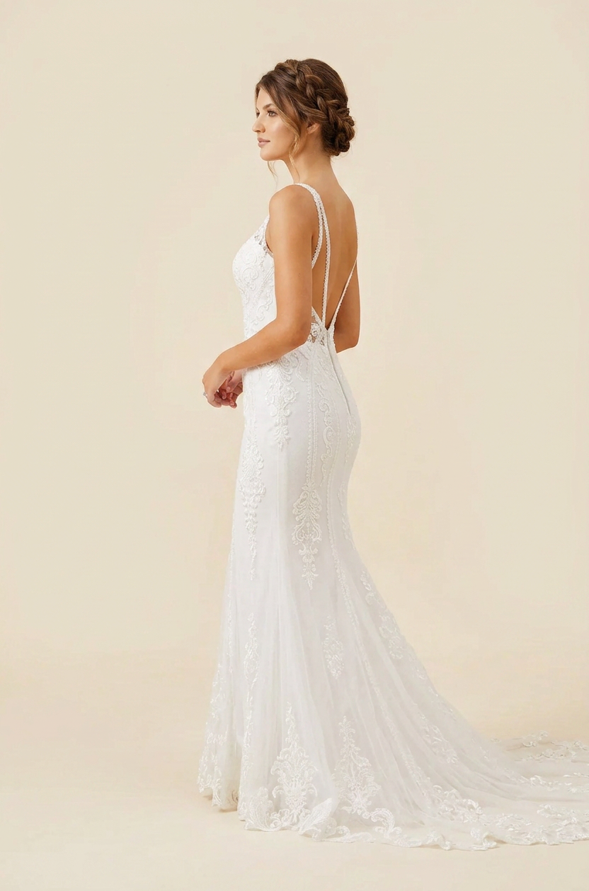 Elegant Spaghetti Strap White Lace Trumpet Wedding Dresses with V-Neck and Sweep Train