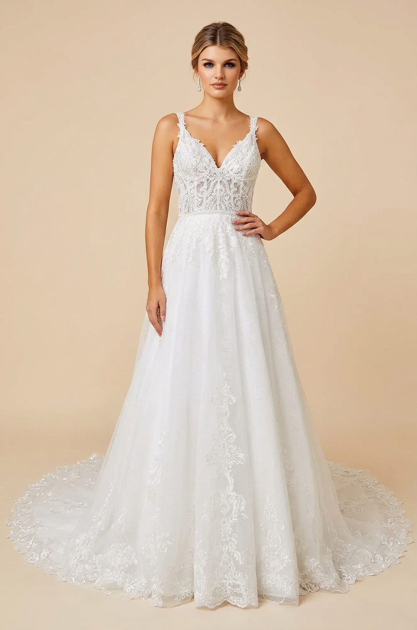 Elegant Sweetheart White Lace A-Line Wedding Dresses with Corset and Sweep Train