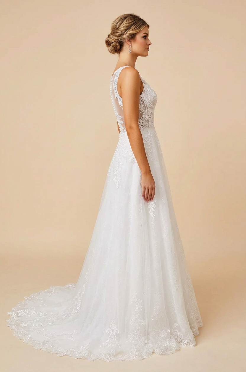 Elegant Sweetheart White Lace A-Line Wedding Dresses with Corset and Sweep Train