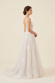 Elegant Scoop Neck White Lace A-Line Wedding Dresses with Corset and Sweep Train