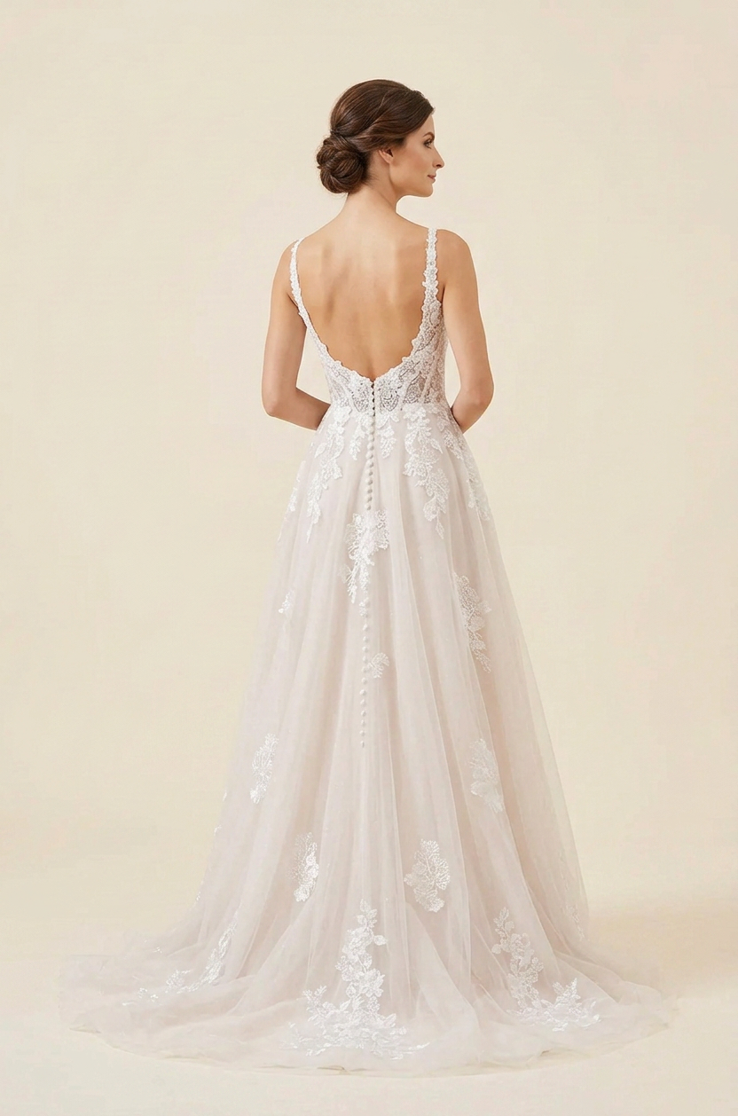 Elegant Scoop Neck White Lace A-Line Wedding Dresses with Corset and Sweep Train