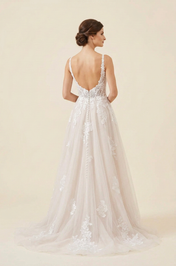 Elegant Scoop Neck White Lace A-Line Wedding Dresses with Corset and Sweep Train