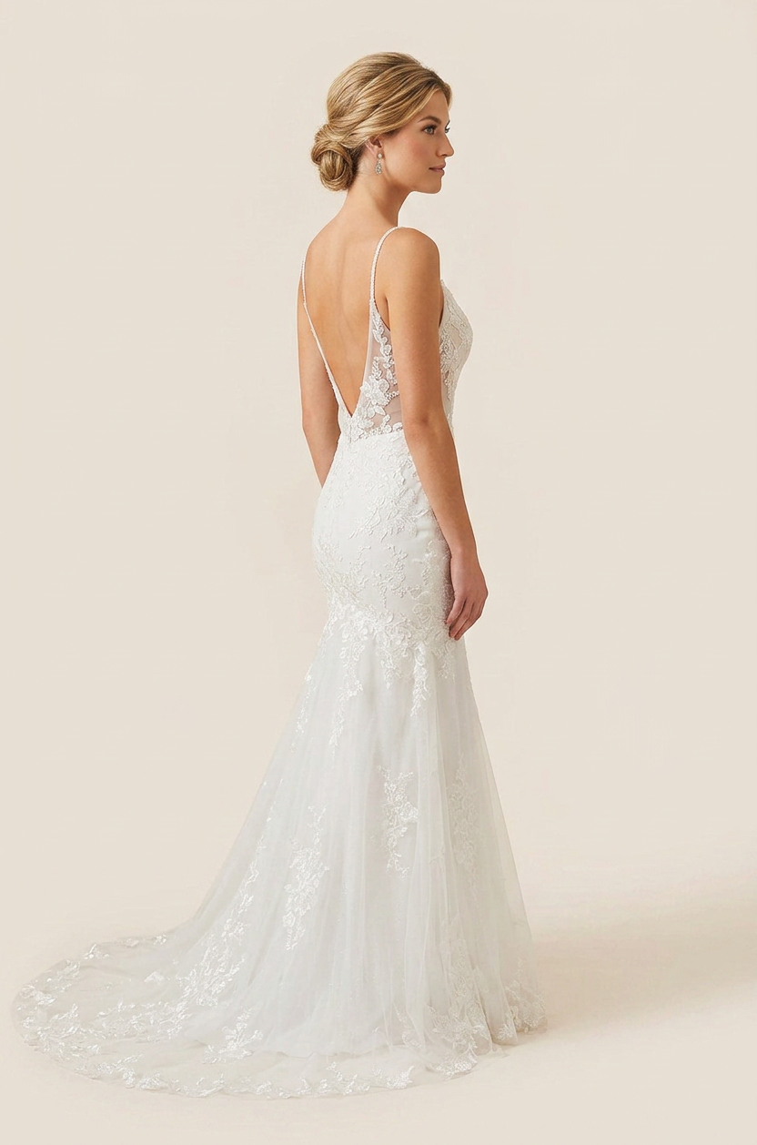 Elegant Spaghetti Strap White Lace Trumpet Wedding Dresses with V-Neck and Sweep Train