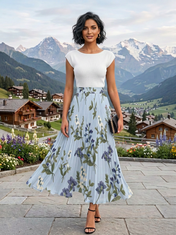 Light Blue Floral Chiffon Boat Neck Short Sleeve A-Line Midi Dress