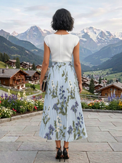 Light Blue Floral Chiffon Boat Neck Short Sleeve A-Line Midi Dress