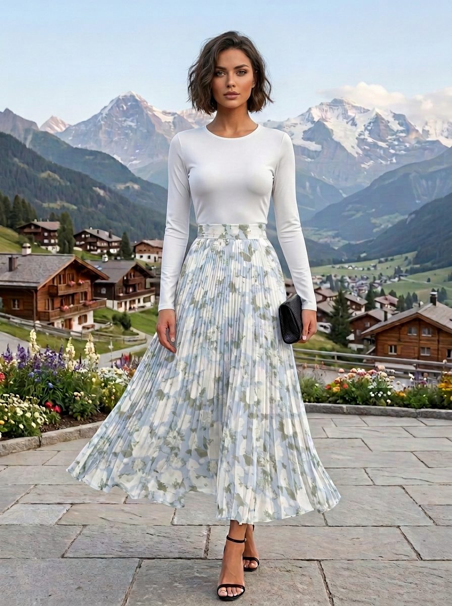 Light Blue Floral Chiffon Crew Neck Long Sleeve A-Line Midi Dress