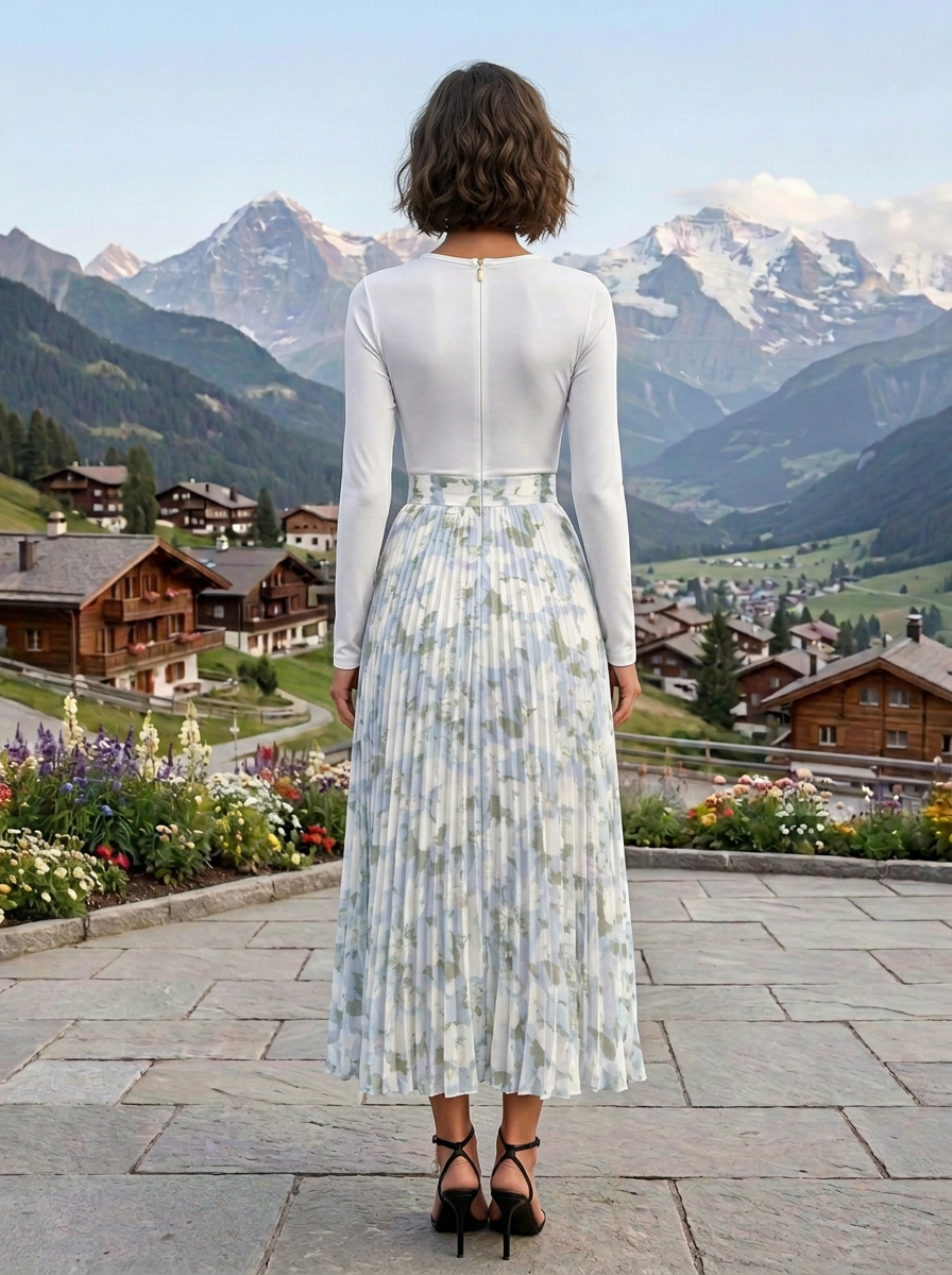 Light Blue Floral Chiffon Crew Neck Long Sleeve A-Line Midi Dress
