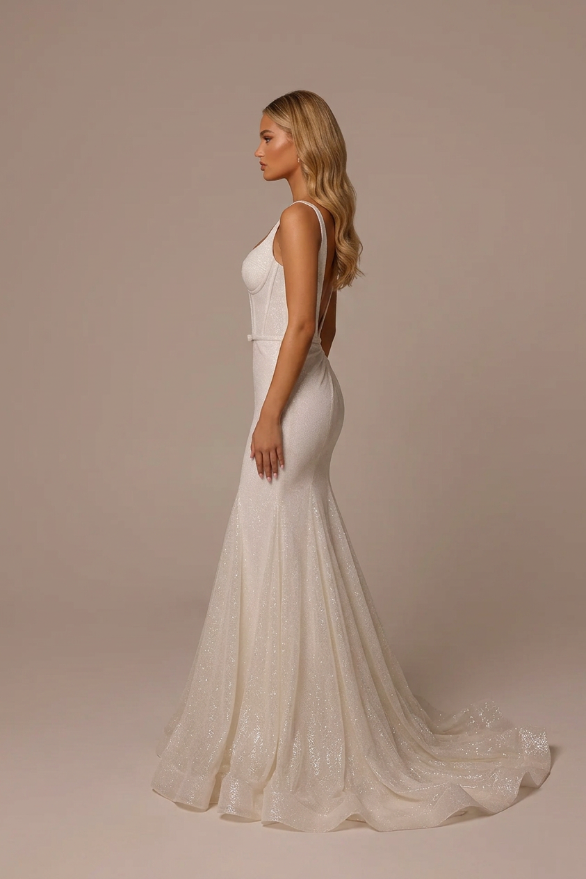 Elegant Square Neck White Glitter Mermaid Wedding Dresses with Corset and Sweep Train