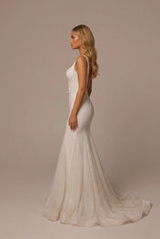 Elegant Square Neck White Glitter Mermaid Wedding Dresses with Corset and Sweep Train