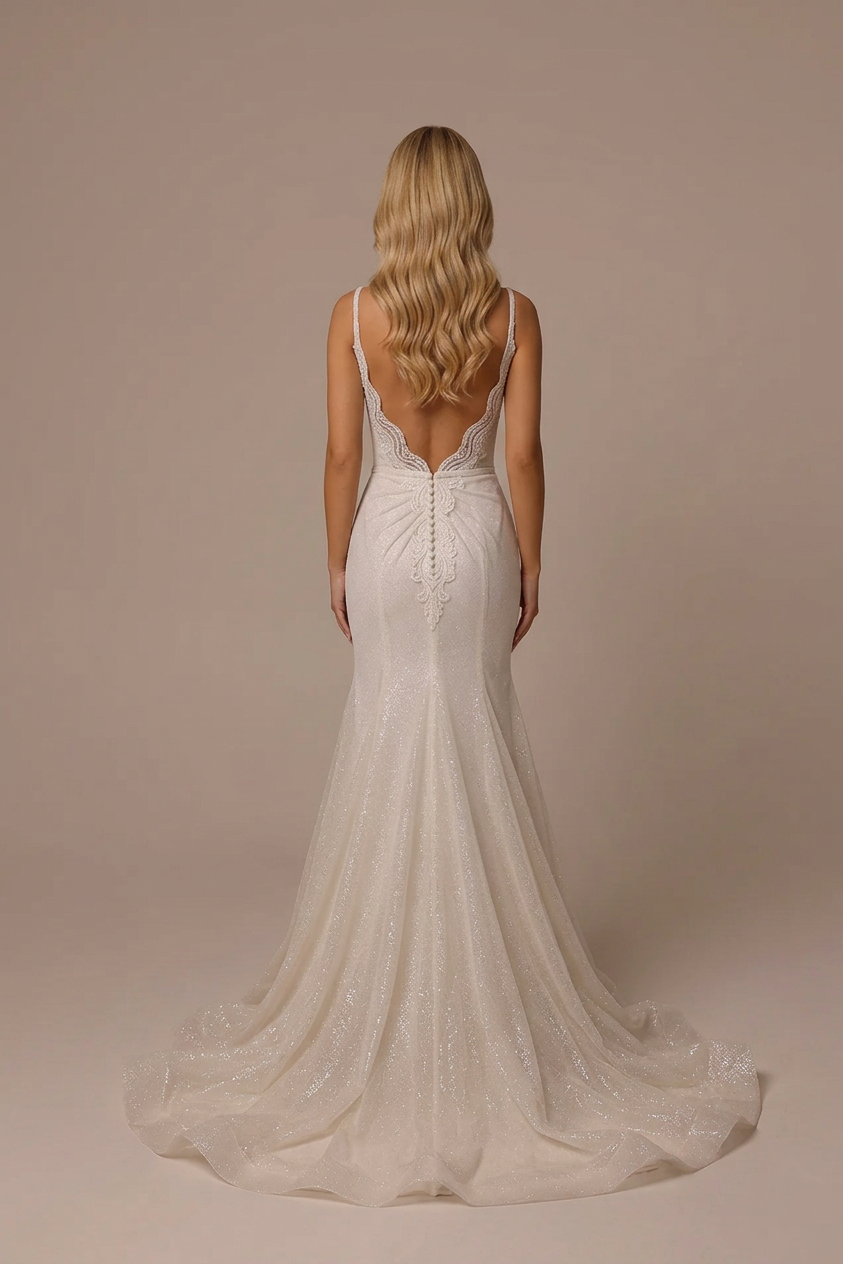 Elegant Square Neck White Glitter Mermaid Wedding Dresses with Corset and Sweep Train