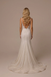 Elegant Square Neck White Glitter Mermaid Wedding Dresses with Corset and Sweep Train