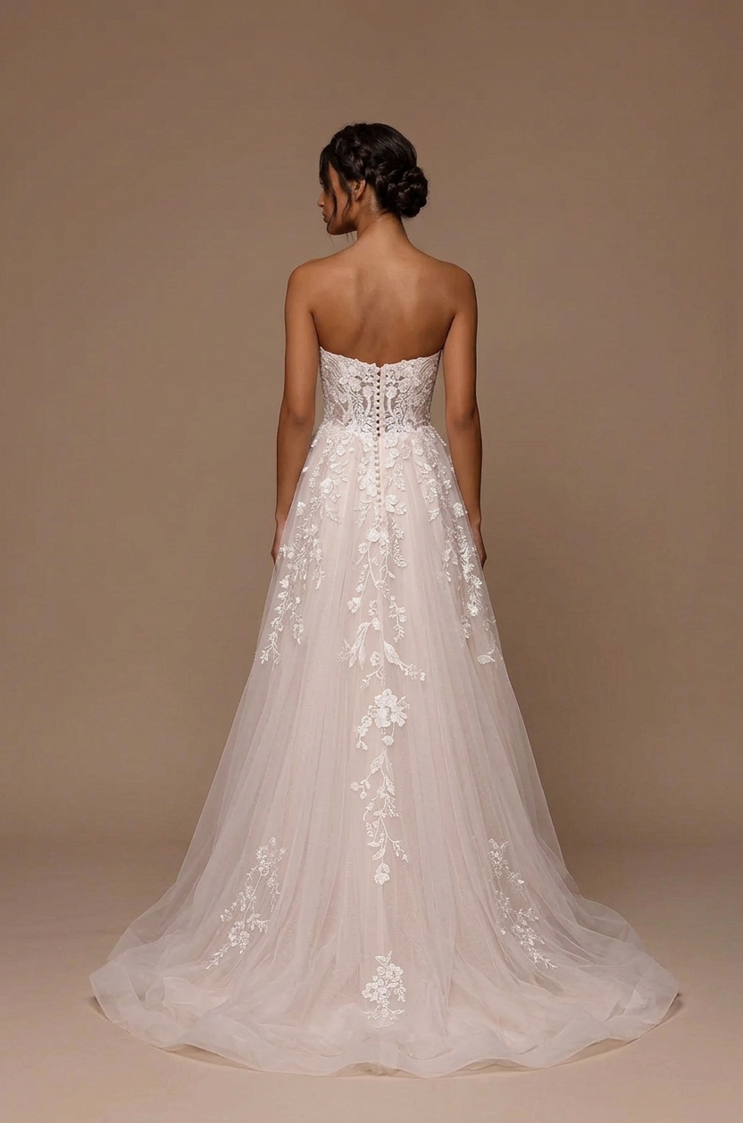 Elegant Strapless White Lace A-Line Wedding Dresses with Corset and Sweep Train