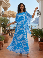 Royal Blue Floral Chiffon Crew Neck Half Sleeve A-Line Floor-length Gown Dress