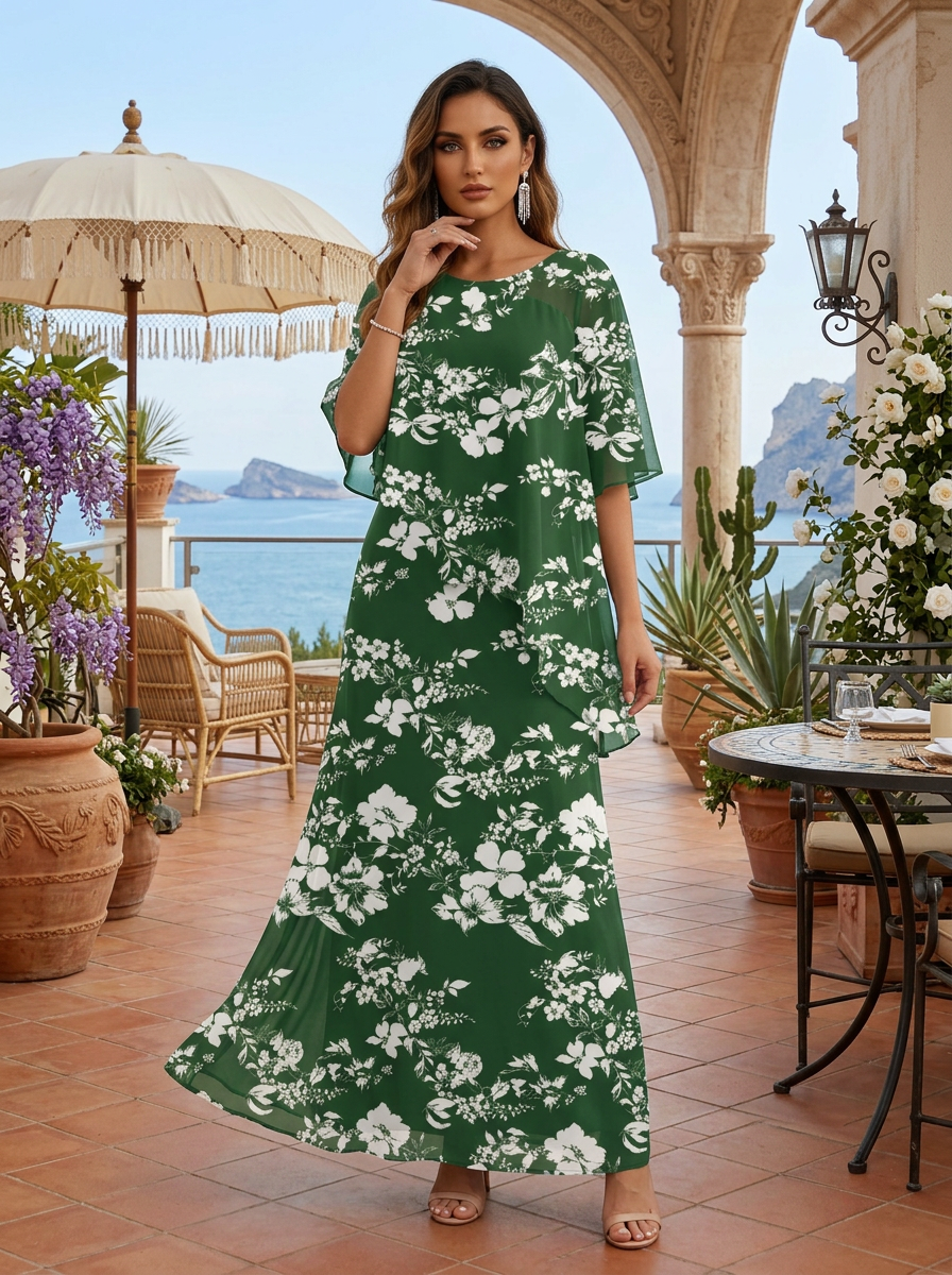 Forest Green Floral Chiffon Crew Neck Half Sleeve A-Line Floor-length Gown Dress