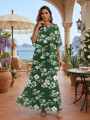 Forest Green Floral Chiffon Crew Neck Half Sleeve A-Line Floor-length Gown Dress