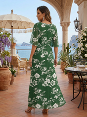 Forest Green Floral Chiffon Crew Neck Half Sleeve A-Line Floor-length Gown Dress