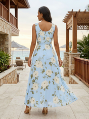 Light Blue Floral Chiffon Crew Neck Sleeveless A-Line Floor-length Gown Dress