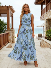 Light Blue Floral Chiffon Crew Neck Sleeveless A-Line Floor-length Gown Dress