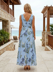 Light Blue Floral Chiffon Crew Neck Sleeveless A-Line Floor-length Gown Dress