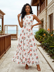 White Cherry Print Chiffon Crew Neck Sleeveless A-Line Floor-length Gown Dress