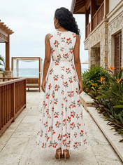 White Cherry Print Chiffon Crew Neck Sleeveless A-Line Floor-length Gown Dress