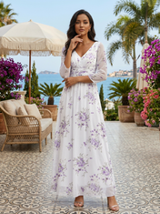 White Floral Chiffon V Neck Three-Quarter Sleeve A-Line Floor-length Gown Dress