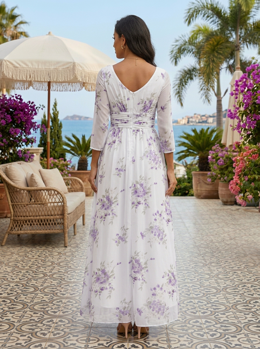 White Floral Chiffon V Neck Three-Quarter Sleeve A-Line Floor-length Gown Dress