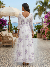 White Floral Chiffon V Neck Three-Quarter Sleeve A-Line Floor-length Gown Dress